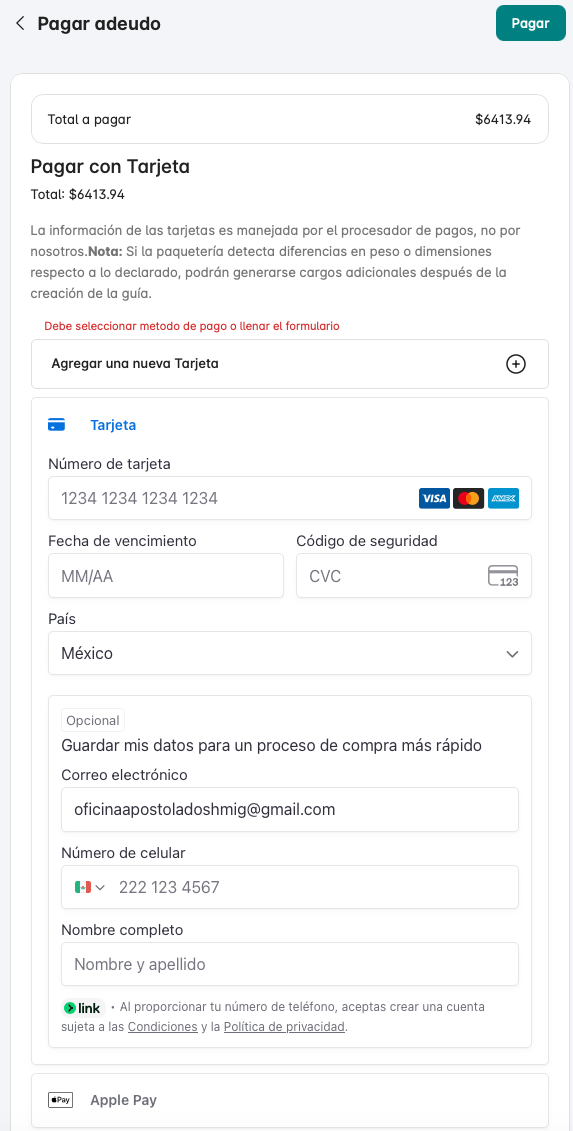 Pantalla de pago con tarjeta en Guías Digitales MX