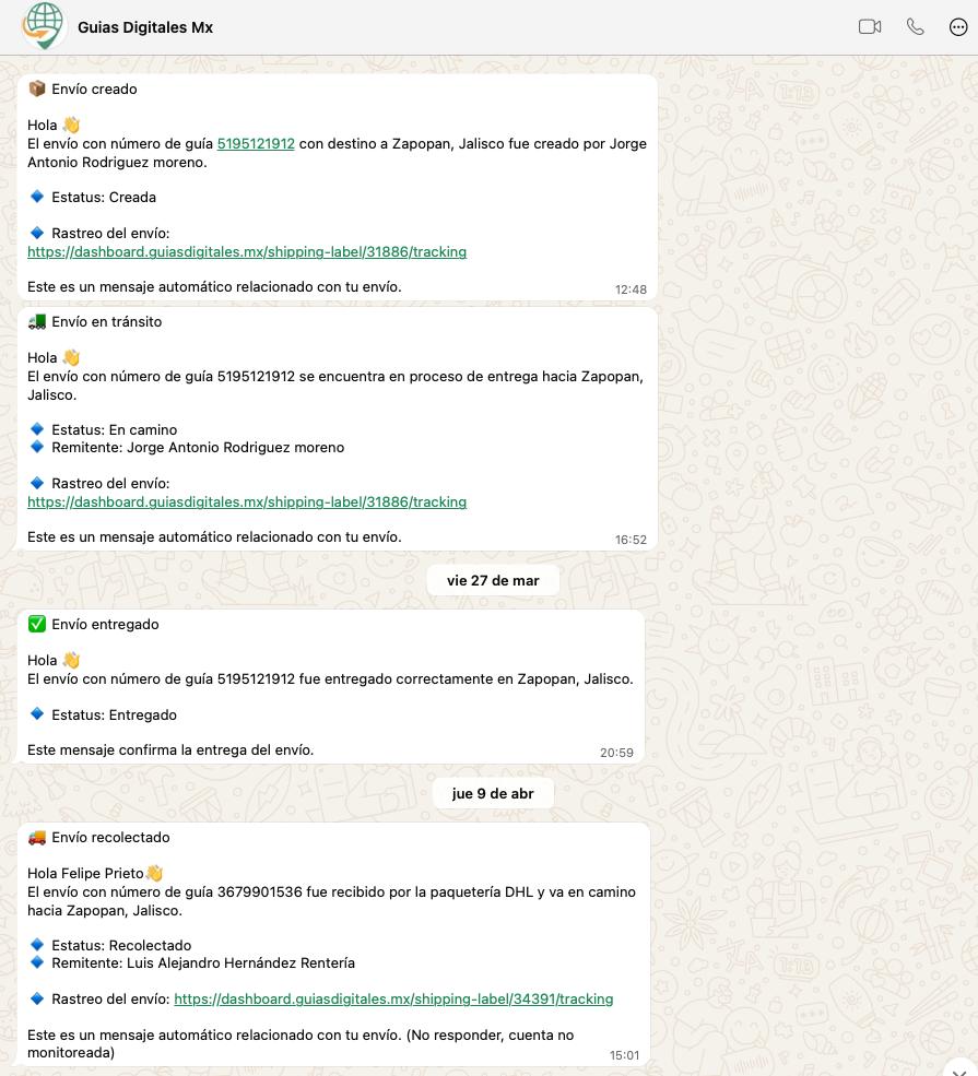 Notificaciones WhatsApp automáticas de Guías Digitales MX